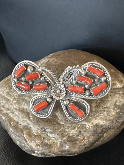 Red Coral Butterfly Sterling Silver Cluster Navajo Ring Size 8 00987