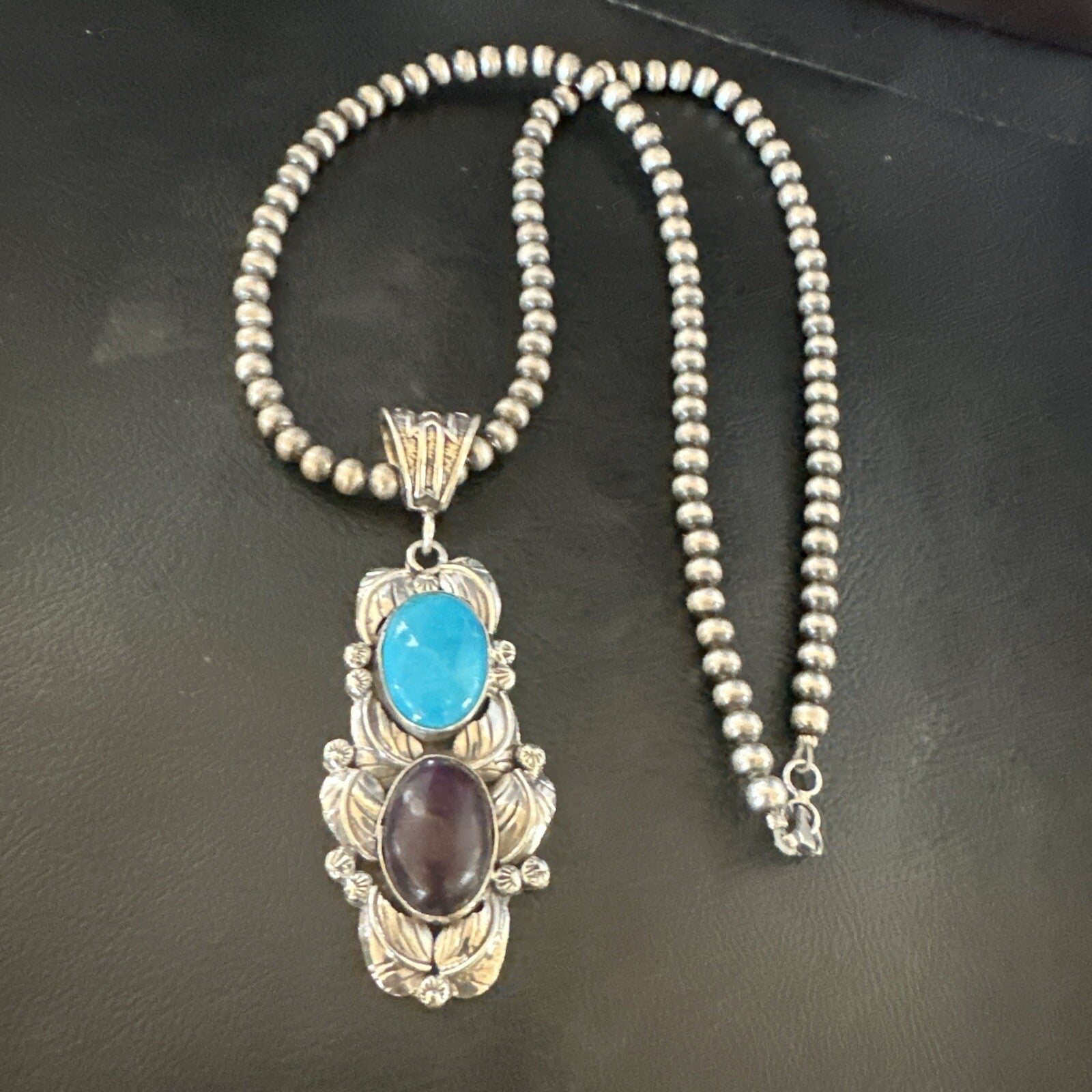 Blue Kingman Turquoise  Purple Stone Pendant Navajo Sterling Silver 18039