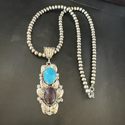 Blue Kingman Turquoise  Purple Stone Pendant Navajo Sterling Silver 18039