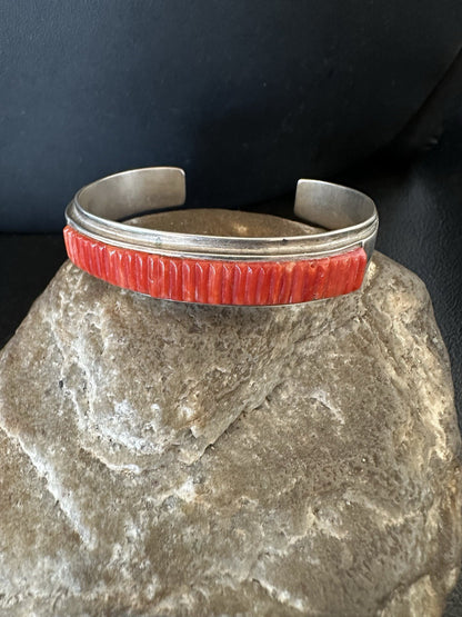 Native American Red Coral Navajo Bracelet Sterling Silver Handmade 19461