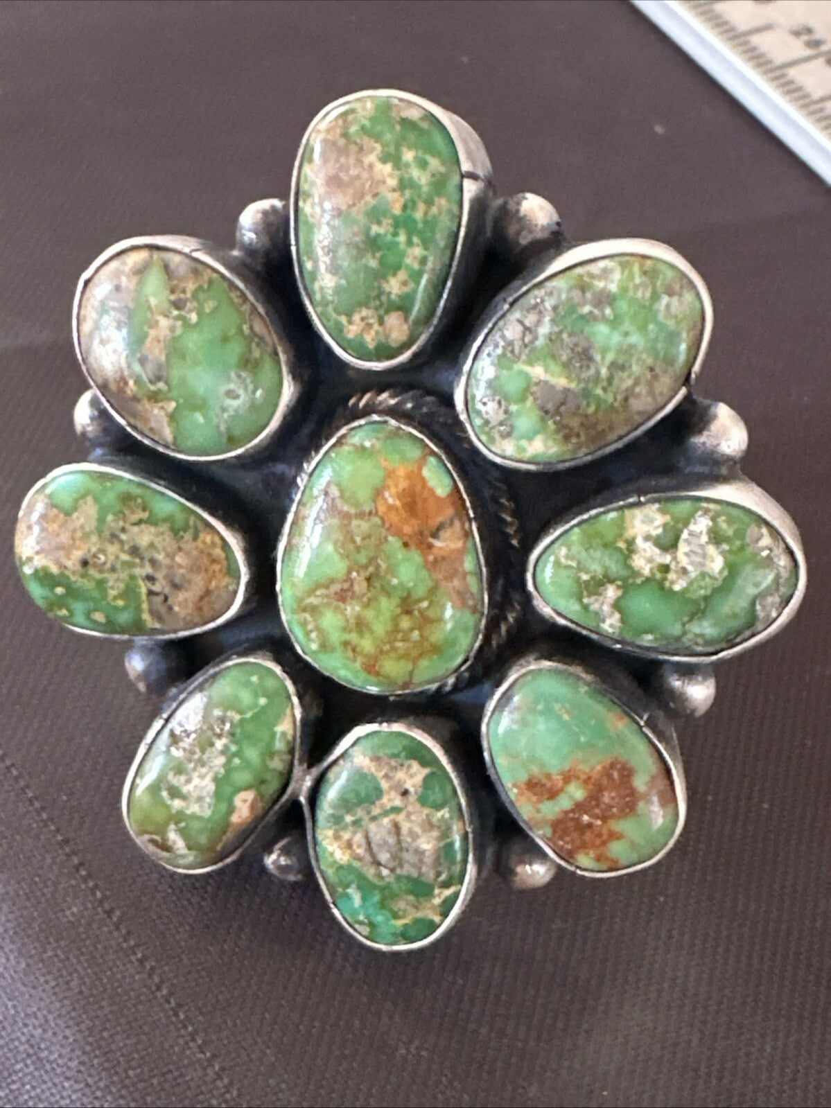 Navajo Sterling Silver Cluster Green Sonoran Gold Turquoise Ring Sz 8 18603