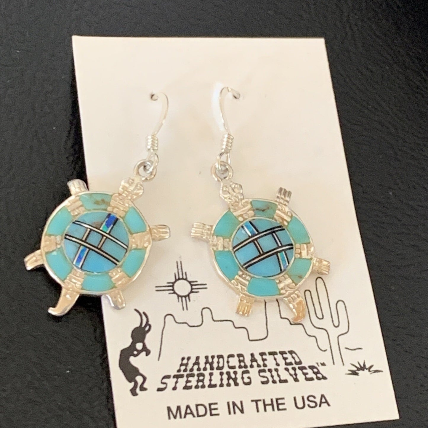 Turquoise & Opal Navajo Sterling Silver Inlay Turtle Earrings 0.5" 12015