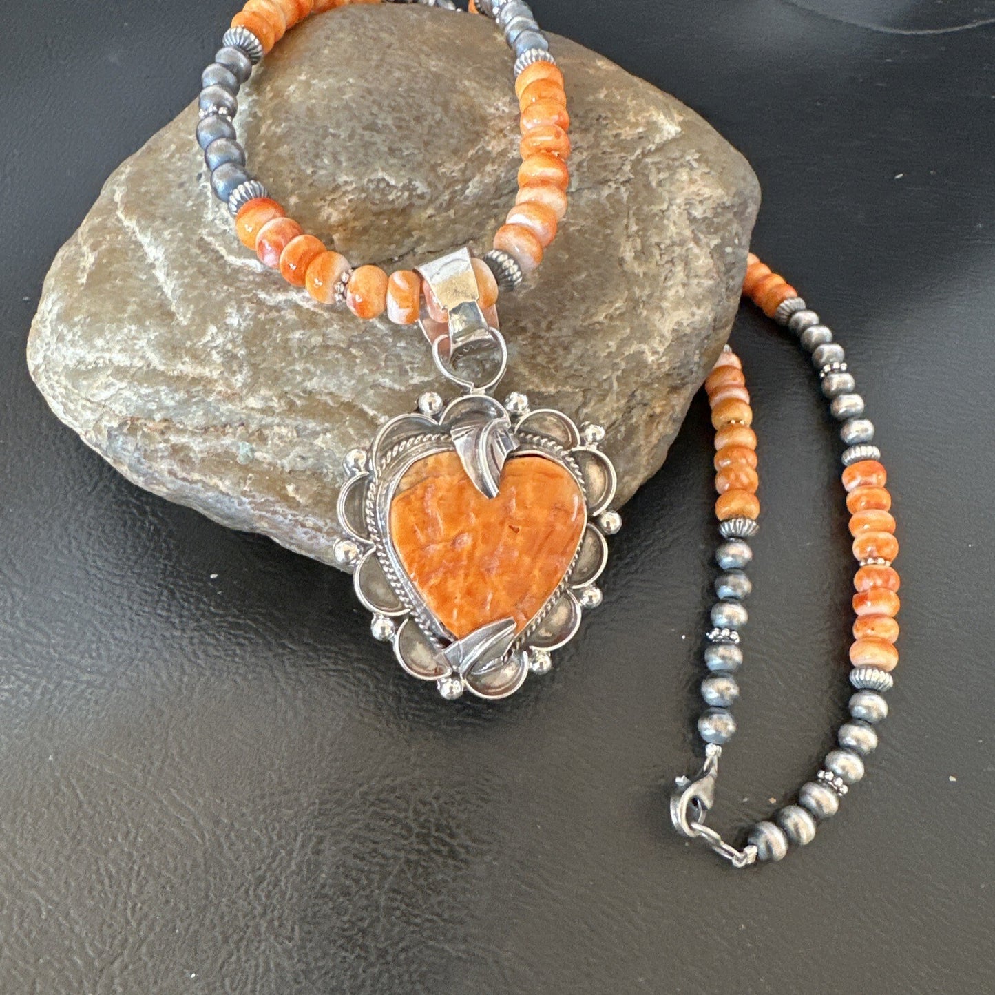 Orange Spiny Oyster Heart Pendant Navajo Sterling Silver Necklace Halloween16293