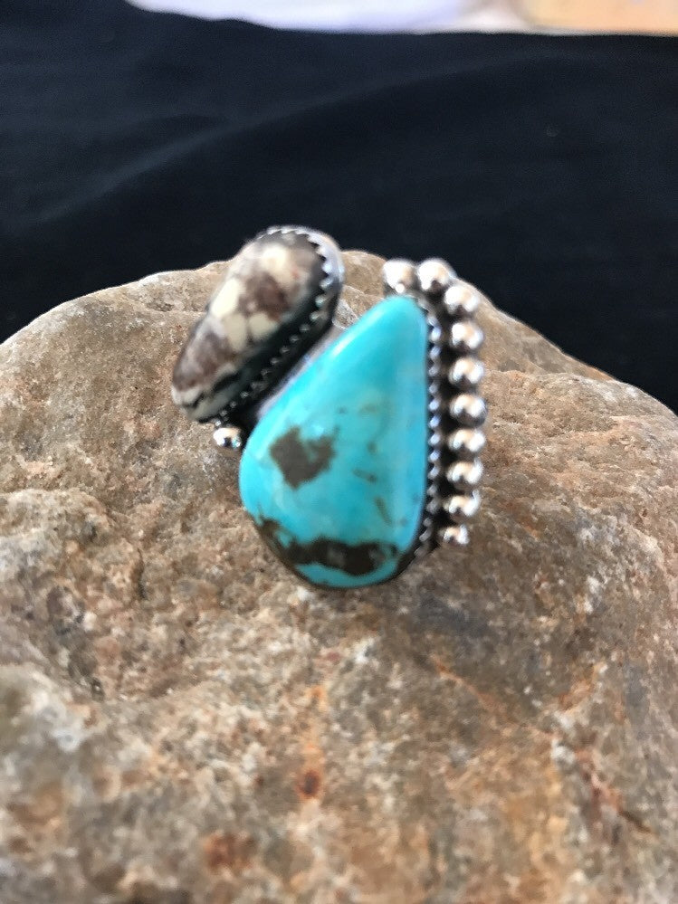 Crazy Horse & Blue Turquoise Navajo Indian Sterling Silver Ring Size 8 14698