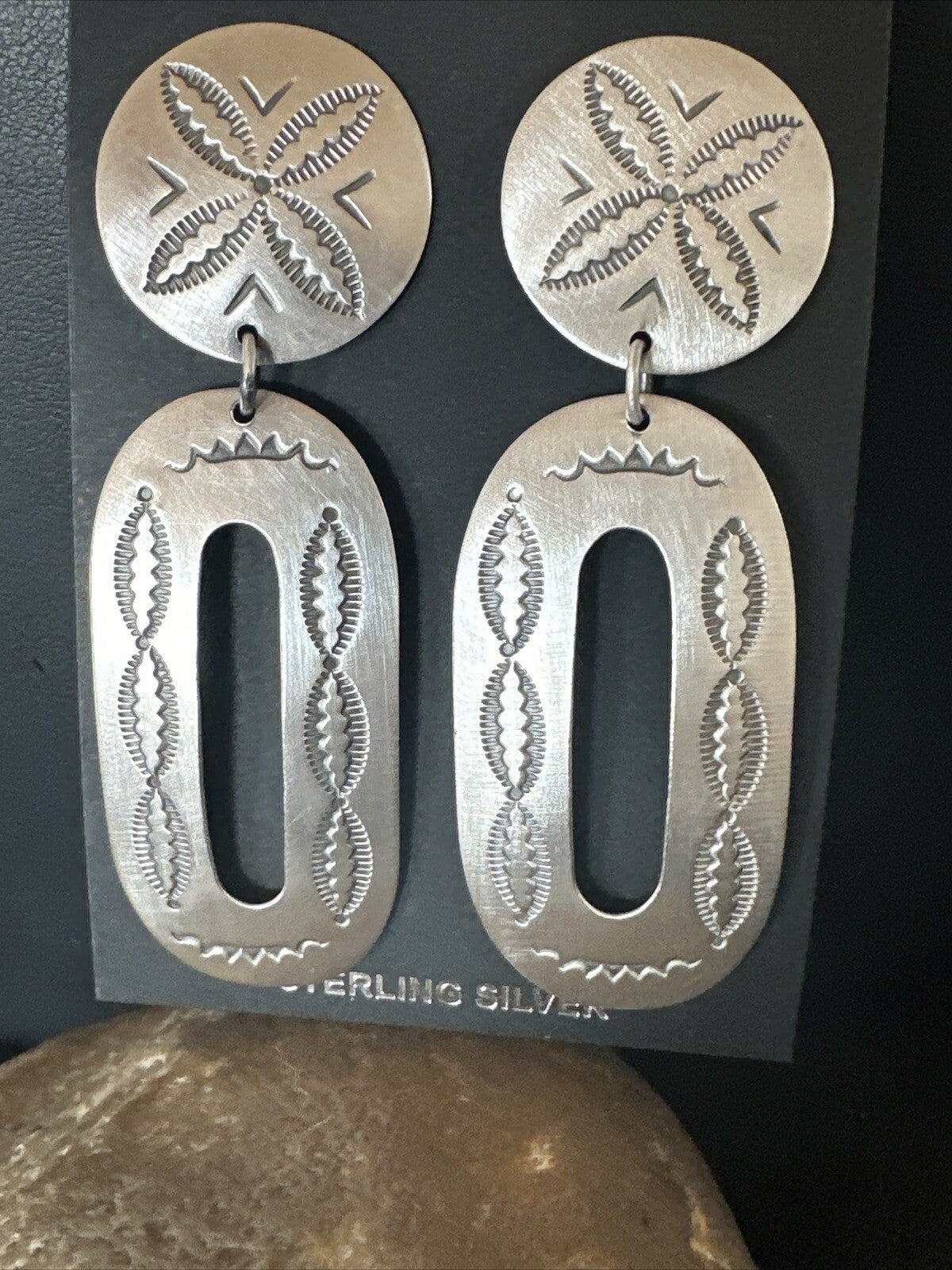 Popular Navajo Stamped Sterling Silver Stamped Handmade Earrings 2.75" 17857