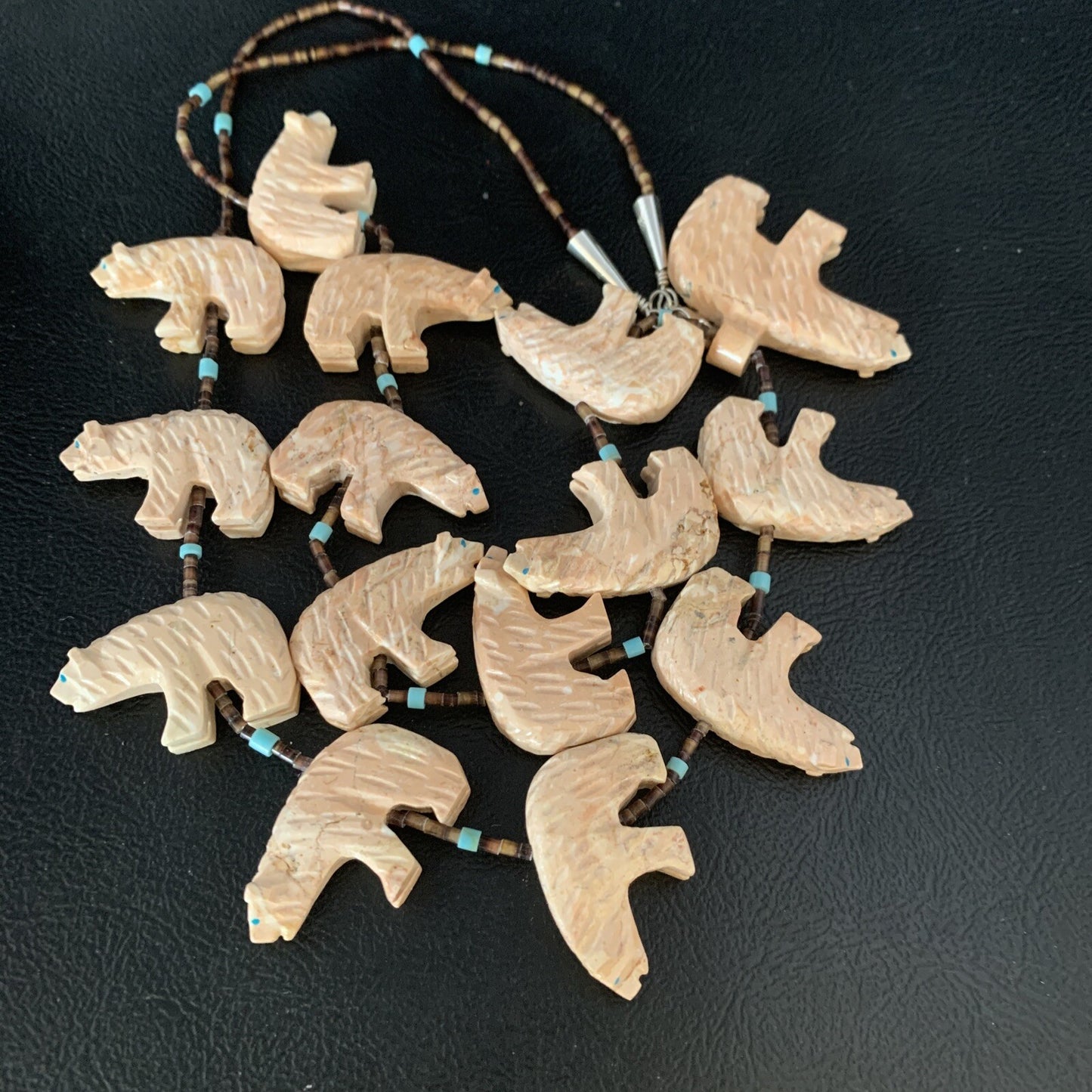 Bear Fetish Navajo Jasper Turquoise Sterling Silver Shell Necklace 28" 13419