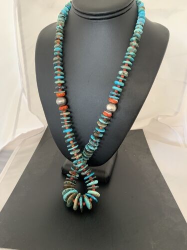 Navajo Natural Blue Turquoise & Spiny Oyster Necklace | | Graduated | 28" | 332
