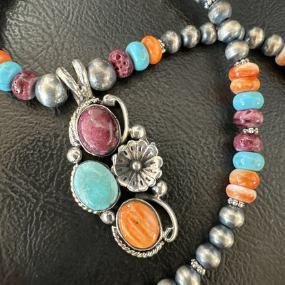 Multicolor Turquoise Spiny Navajo Sterling Silver Cluster Pendant Necklace 19641