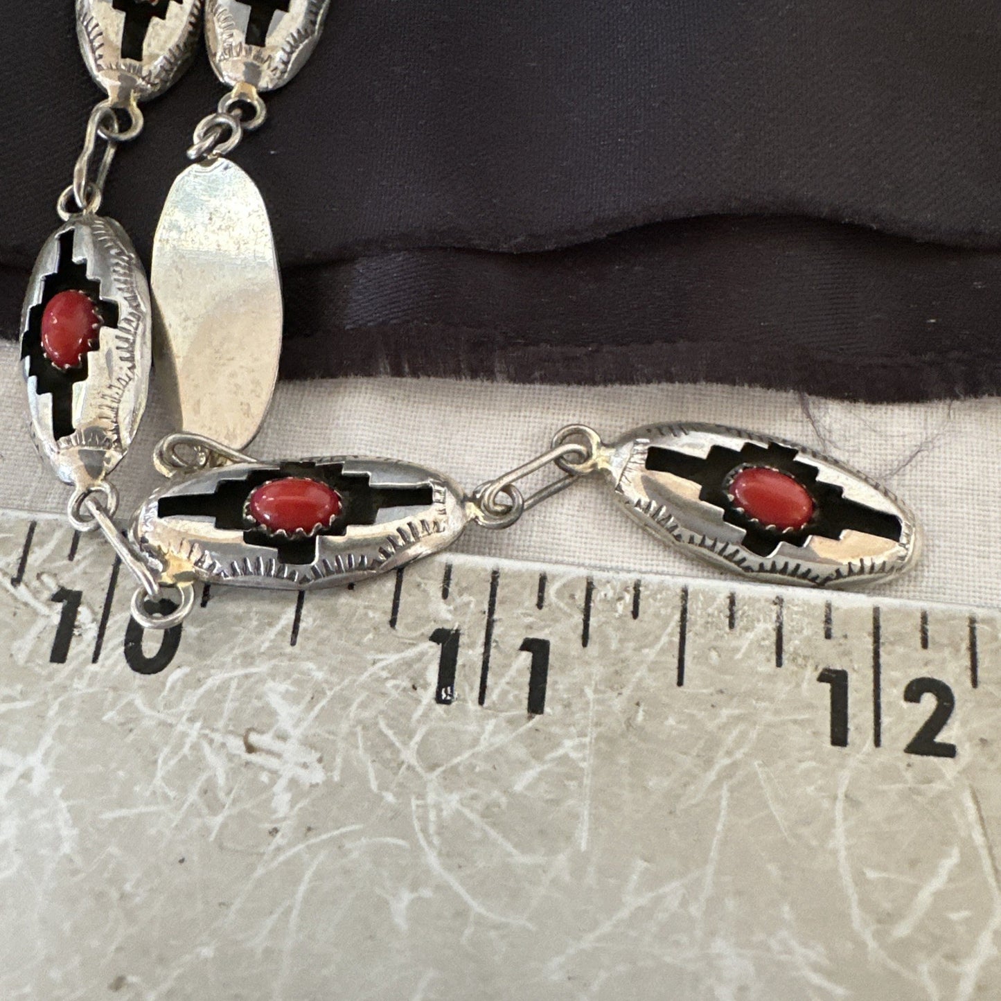 Old Native Navajo Red Coral Sterling Silver Shadowbox Necklace Earrings 18”19102