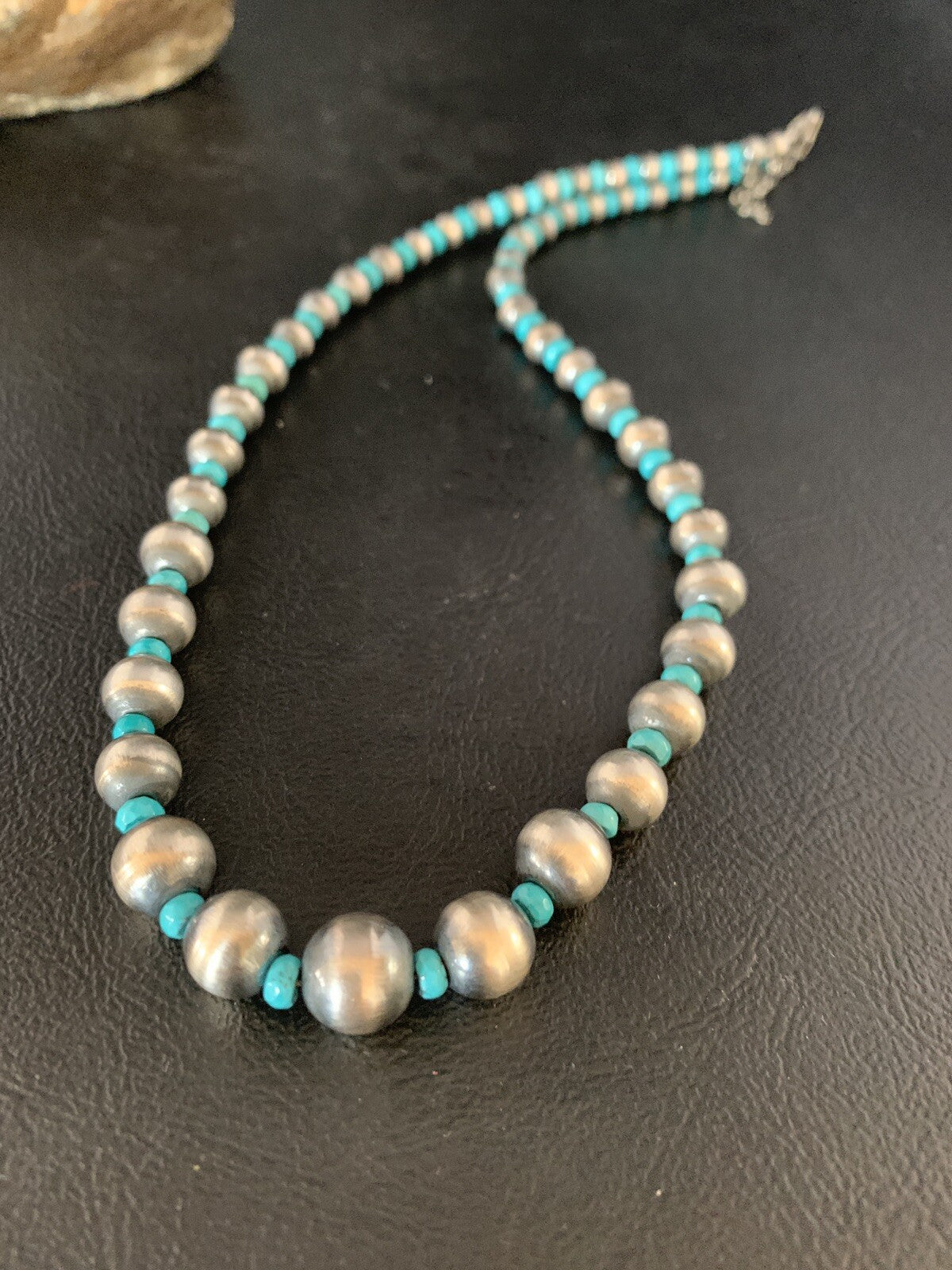 Navajo Pearls Graduated Sterling Blue Turquoise Bead Necklace 16" 96116