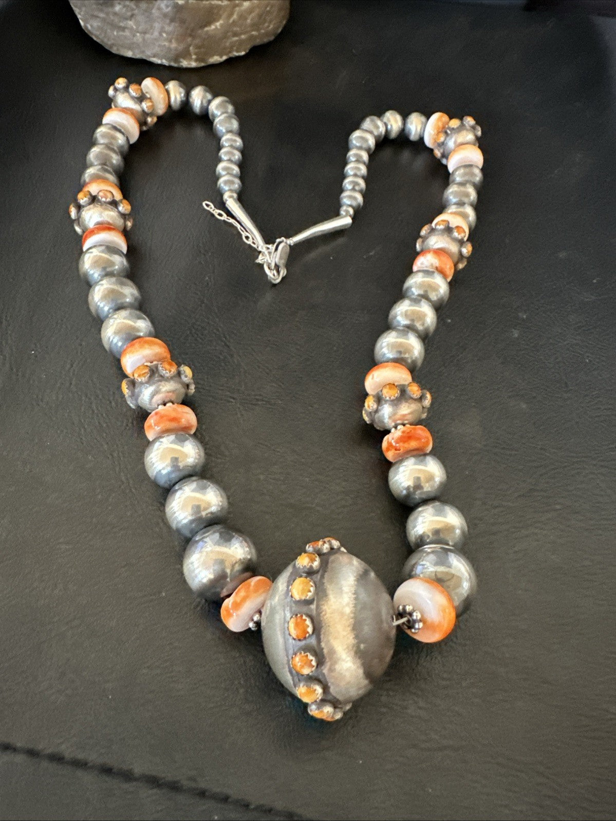 XL Orange Spiny Oyster Navajo Pearls Graduated Sterling Bead Necklace 25" 19610