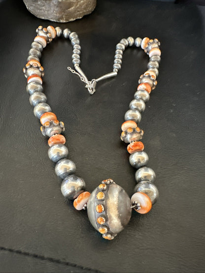 XL Orange Spiny Oyster Navajo Pearls Graduated Sterling Bead Necklace 25" 19610