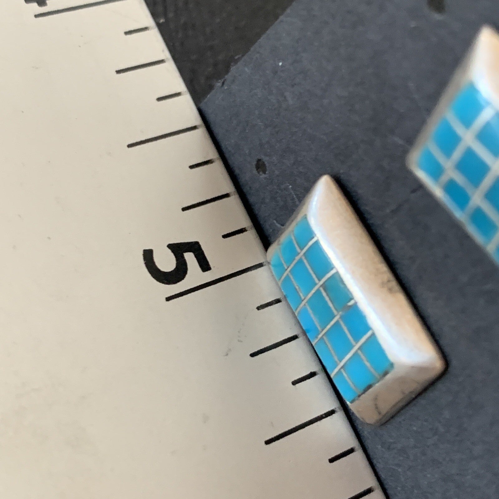 Blue Turquoise Inlay Navajo Sterling Silver Dangle Post Earrings 0.5" 12749