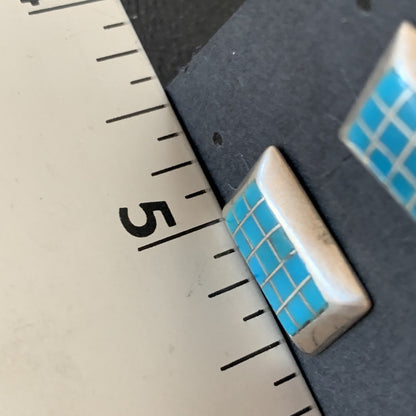 Blue Turquoise Inlay Navajo Sterling Silver Dangle Post Earrings 0.5" 12749