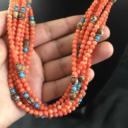 Navajo Orange Bamboo Coral Necklace 7 Strand Sterling Silver 19" 10173