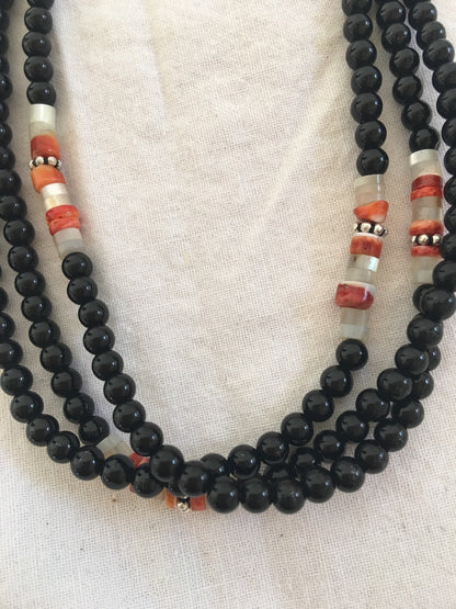 Native Turquoise Spiny Oyster Onyx 3 Strand Sterling Silver Necklace 10108