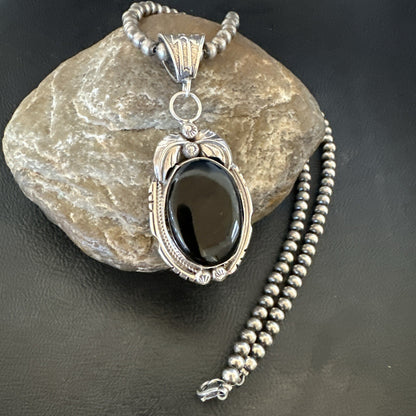 Mens Sterling Silver Beads Black Onyx Pendant Necklace 17992