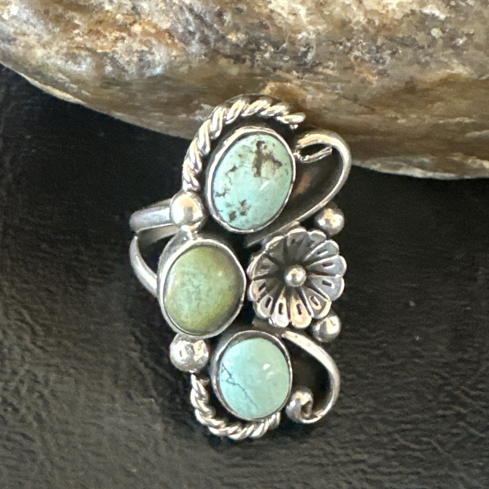 Blue Green Turquoise Navajo Sterling Silver Cluster Ring Size 8.5 19079