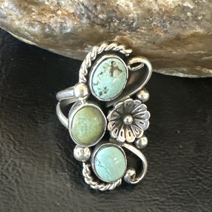 Blue Green Turquoise Navajo Sterling Silver Cluster Ring Size 8.5 19079