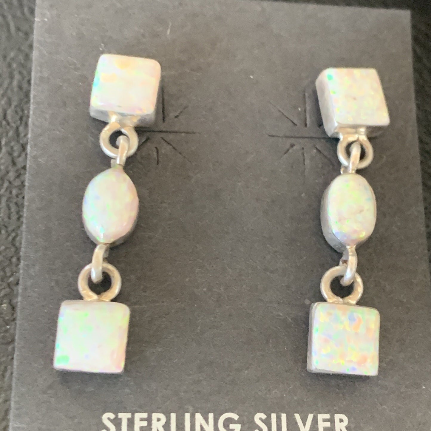 Womens White Opal Inlay Navajo Sterling Silver Dangle Post Earrings 1" 12769