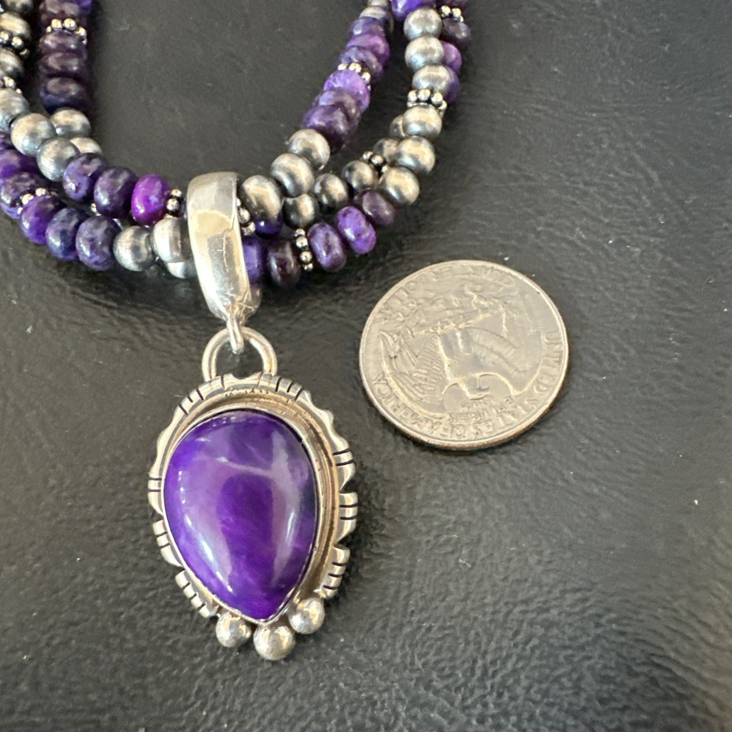 Navajo Sterling Silver 3 Strand Purple Stone Necklace Pendant 22” 19028