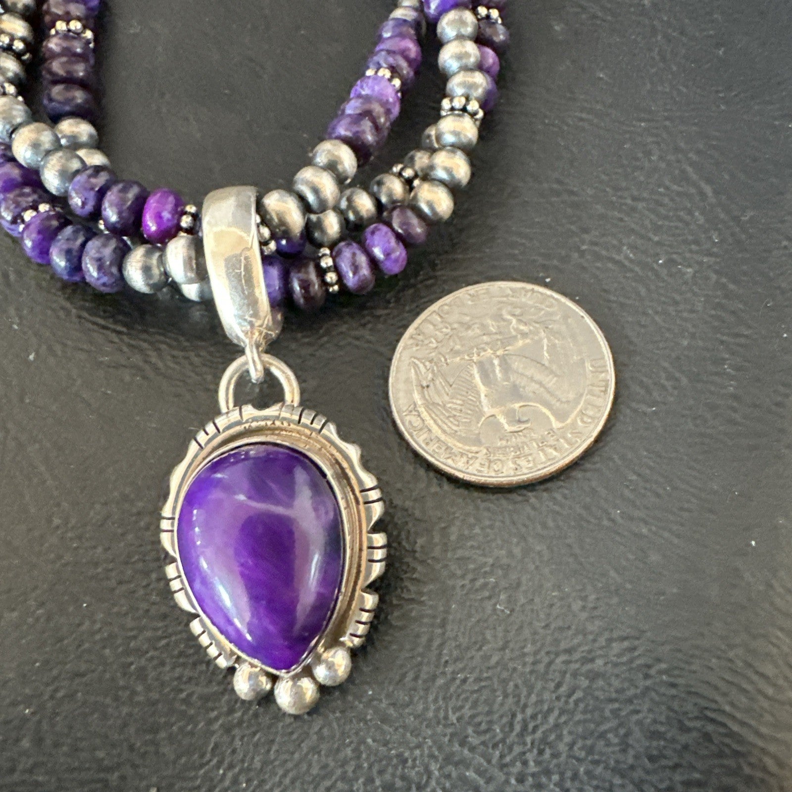 Navajo Sterling Silver 3 Strand Purple Stone Necklace Pendant 22” 19028