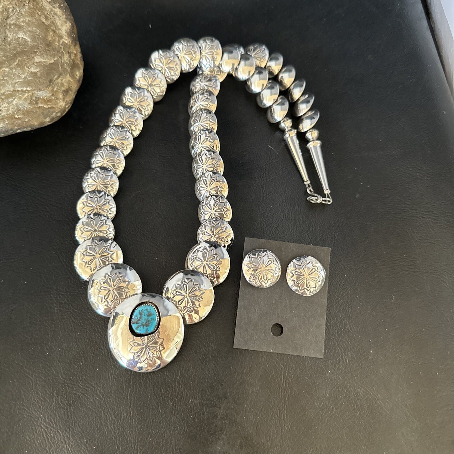 Native Navajo Sterling Silver Turquoise Pillow Stamped Bead Necklace 15132
