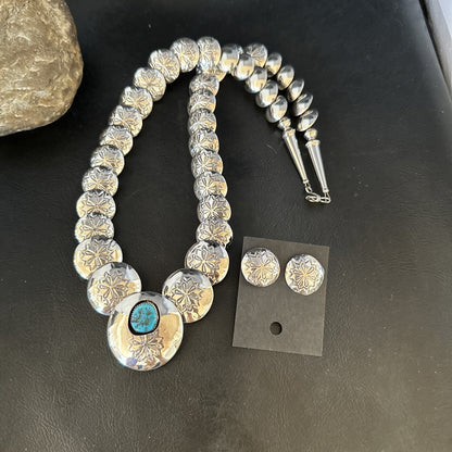Native Navajo Sterling Silver Turquoise Pillow Stamped Bead Necklace 15132