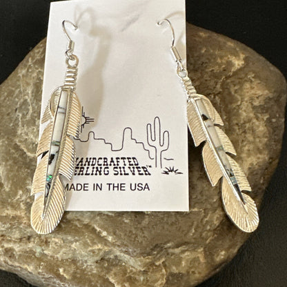 White Buffalo Turquoise Opal Sterling Silver Handmade Feather Earrings 18697