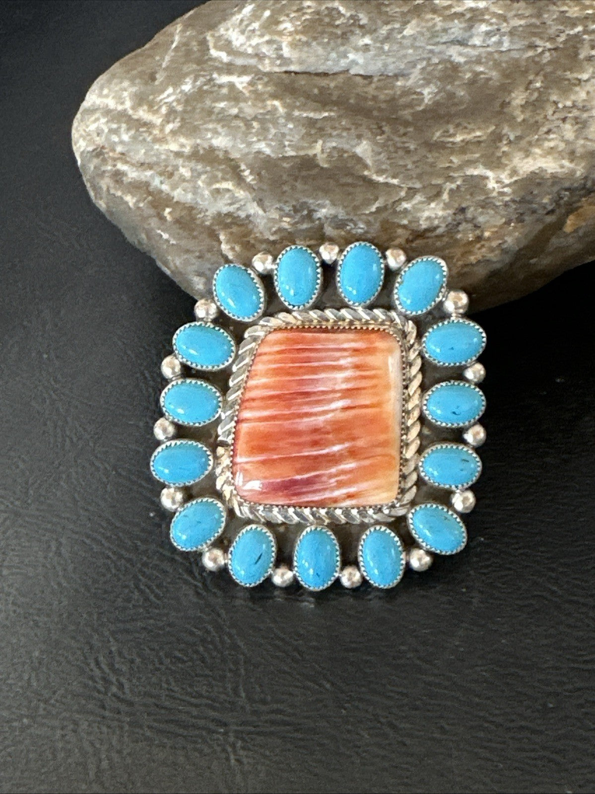 Orange Spiny Oyster Turquoise Navajo Sterling Silver Cluster Ring Sz 9 19761