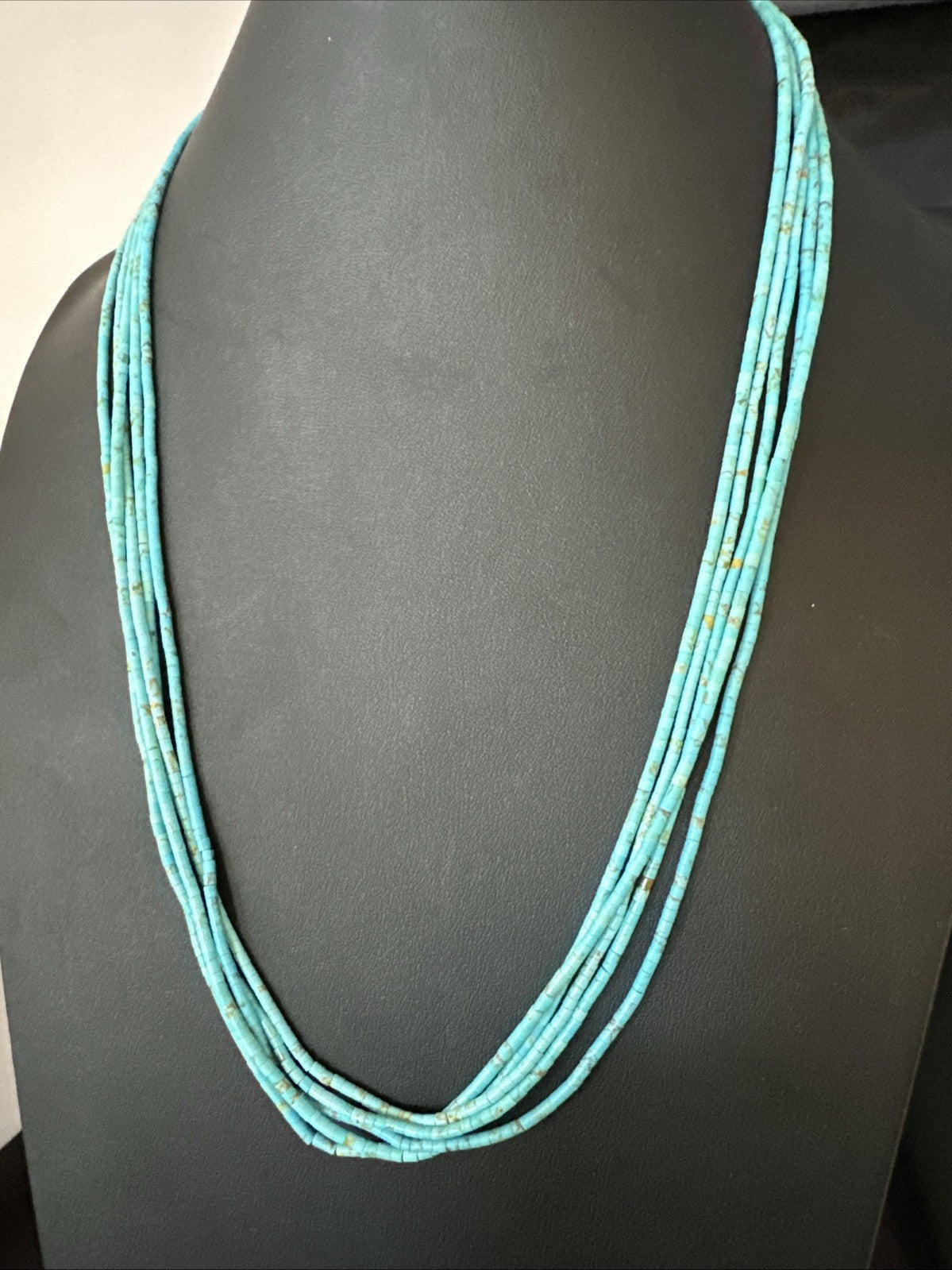 Native Blue Turquoise Heishi 5 Strand Sterling Silver Necklace 24” 19458