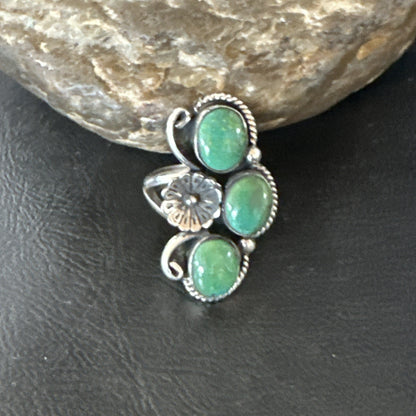 Yazzie Ring Green Turquoise Navajo Sterling Silver Cluster Size 8 19243