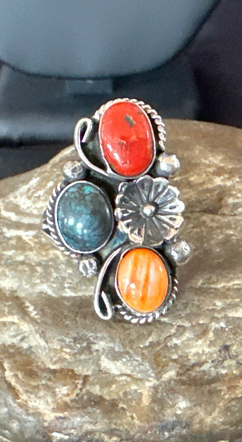 Multicolor Ring Turquoise Coral Spiny Navajo Sterling Silver Cluster Sz 10 19193