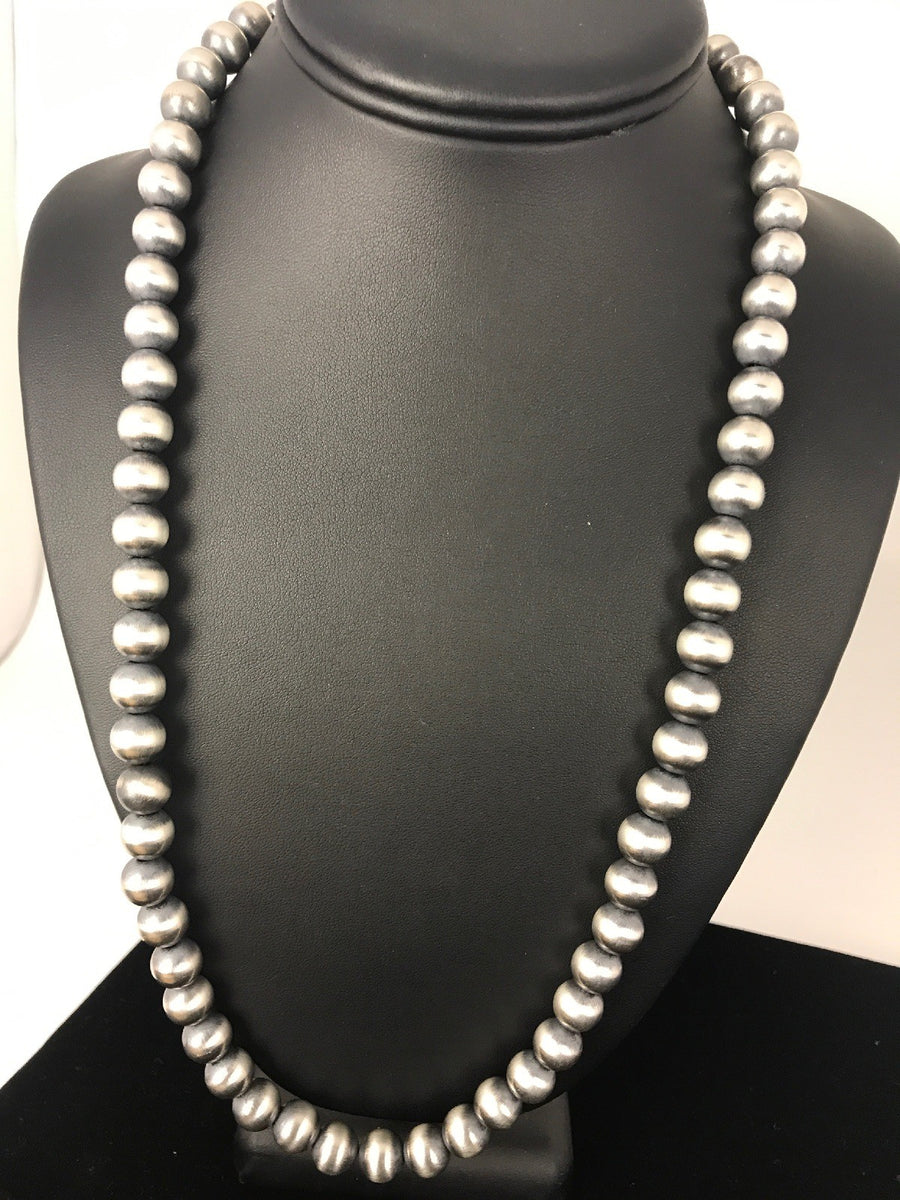 Native American 10mm Sterling Silver Navajo Pearls 24" Hook & Eye Cone Necklace