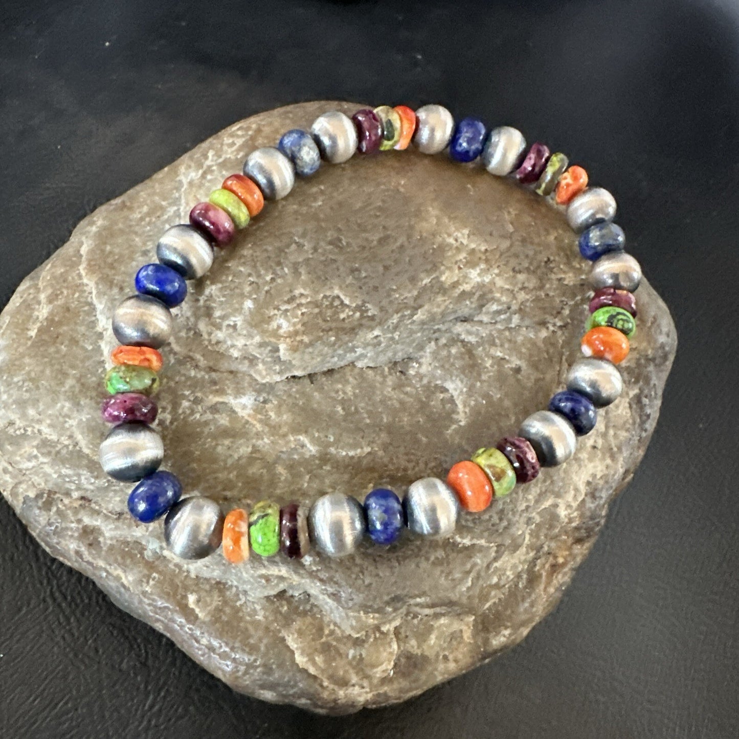 Multicolor Lapis Turquoise Stretch Bead Bracelet Navajo Sterling Silver 17907