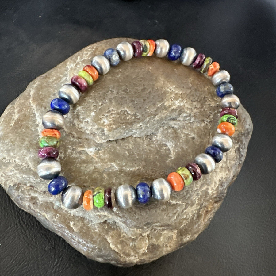 Multicolor Lapis Turquoise Stretch Bead Bracelet Navajo Sterling Silver 17907