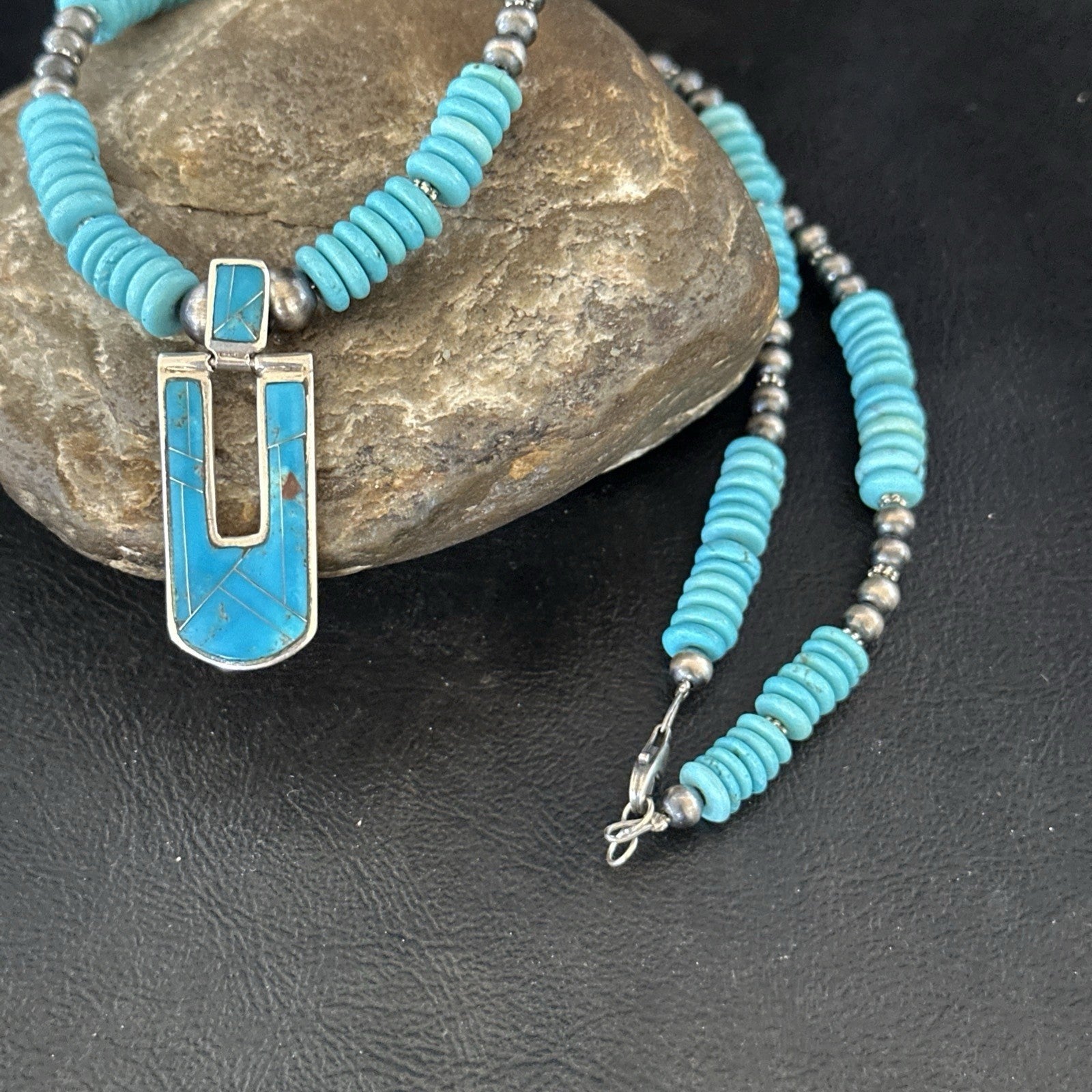 Blue Turquoise Inlay Pendant Navajo Sterling Silver Necklace 20" 19712