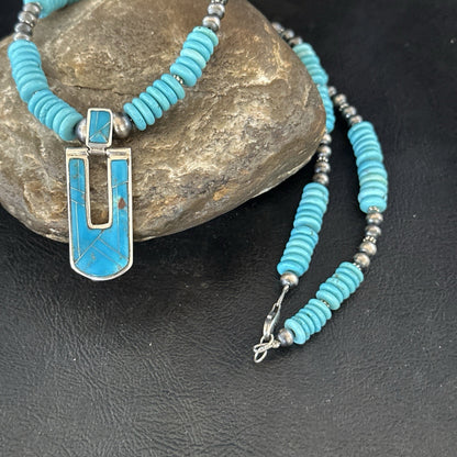 Blue Turquoise Inlay Pendant Navajo Sterling Silver Necklace 20" 19712