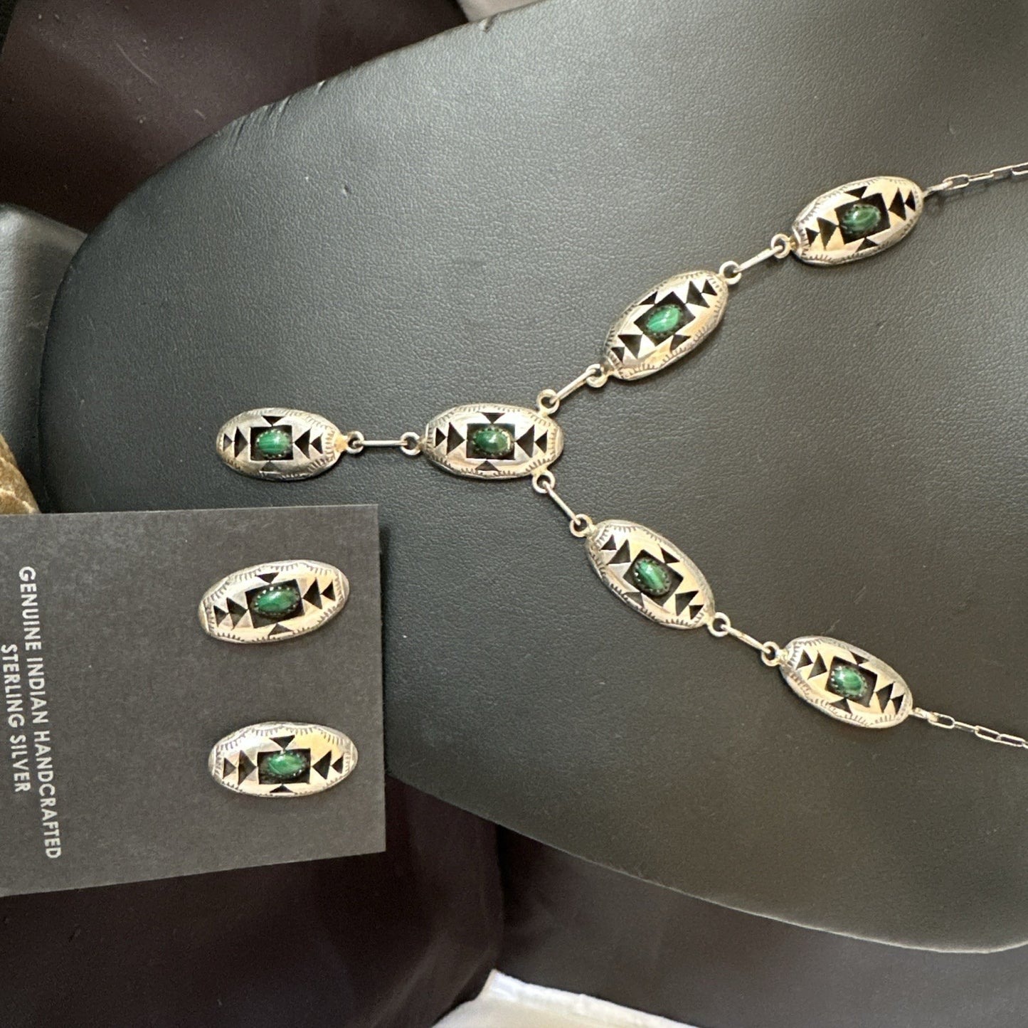 Old Navajo Green Malachite Sterling Silver Shadowbox Necklace Earrings 18”19106