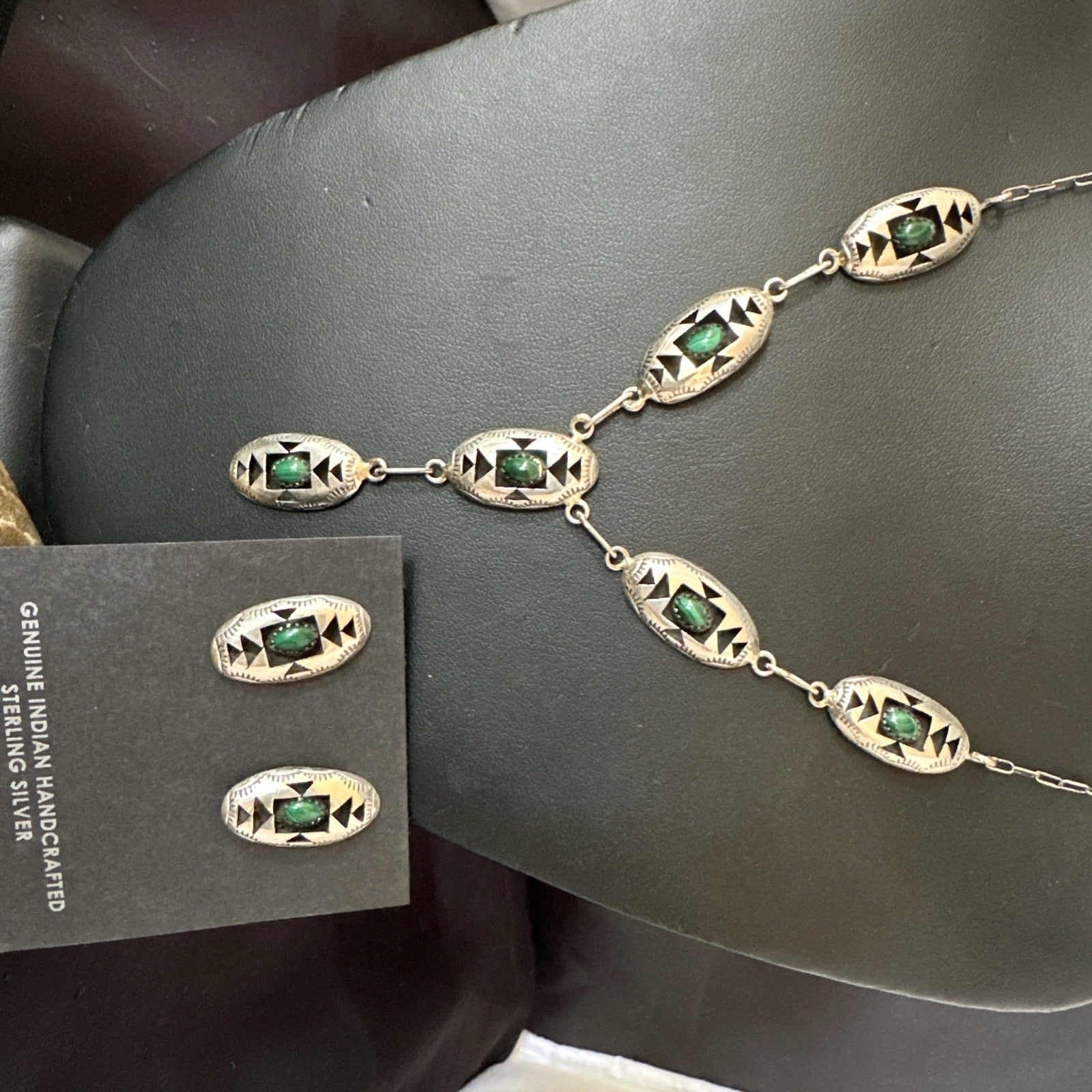 Old Navajo Green Malachite Sterling Silver Shadowbox Necklace Earrings 18”19106