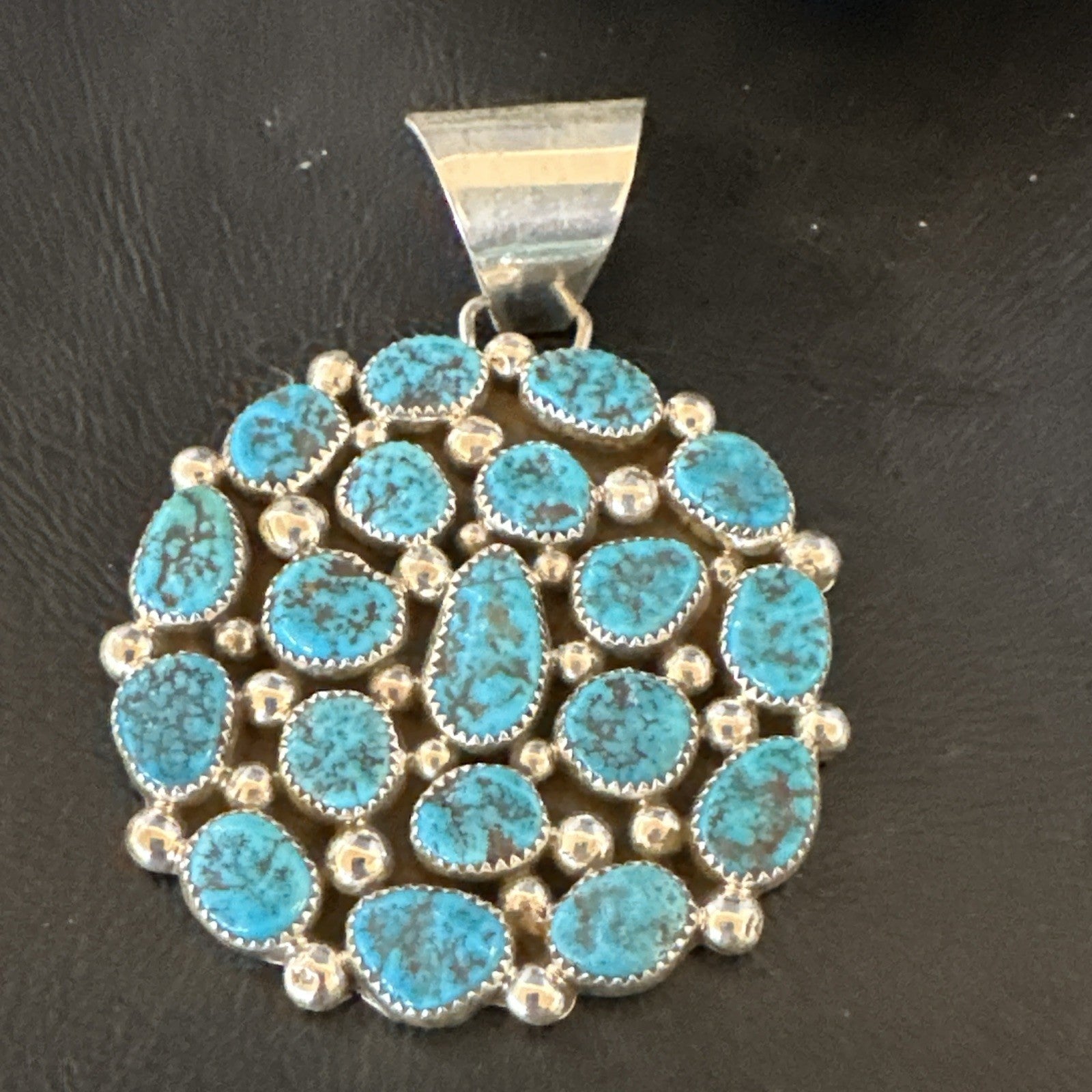Cluster Kingman Turquoise Navajo Sterling Silver Necklace Pendant 2.75” 19082