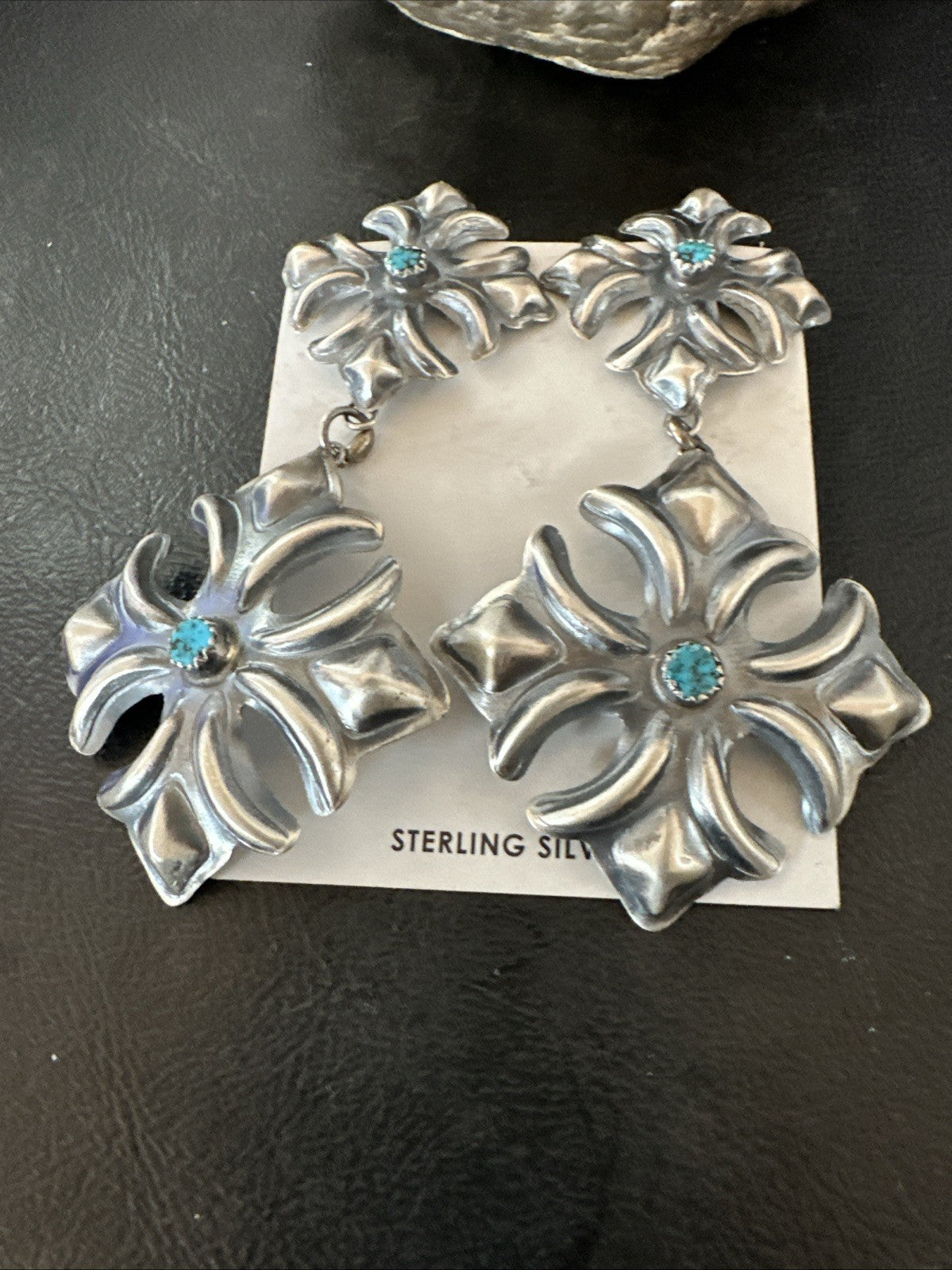 Womens Stamped Blue Turquoise Dangle Earrings Navajo Sterling Silver 19784