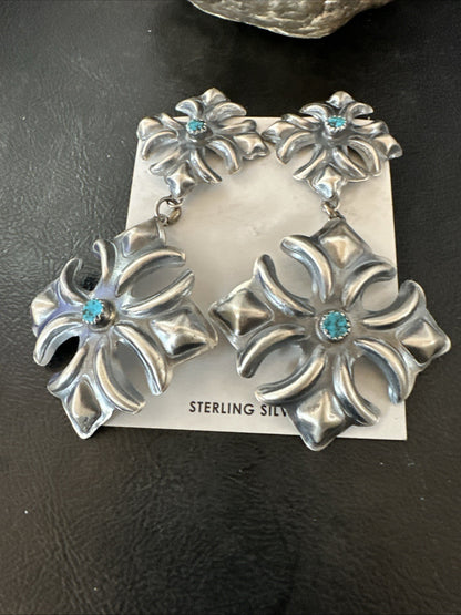 Womens Stamped Blue Turquoise Dangle Earrings Navajo Sterling Silver 19784