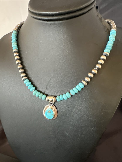 Mens Blue Kingman Turquoise Pendant Navajo Sterling Silver Necklace 21" 17903