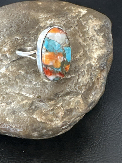 Blue Turquoise Orange Spiny Oyster Navajo Sterling Silver Ring Size 10 18207