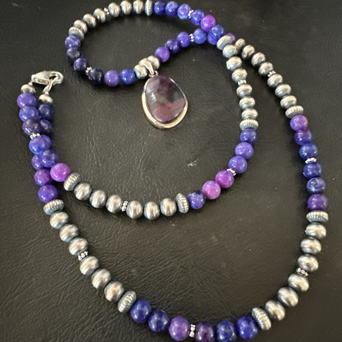 Purple Stone Pendant Navajo Pearls Sterling Silver Necklace 23" 17894