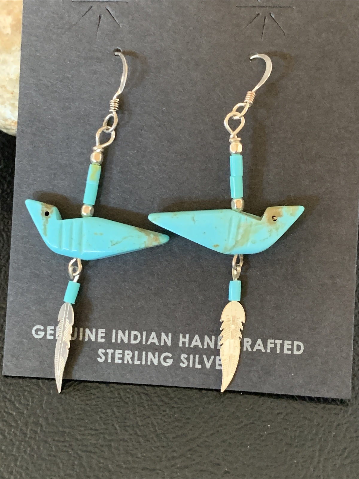 Native American Navajo Blue Turquoise Fetish Sterling Silver Earrings 1.5" 13055