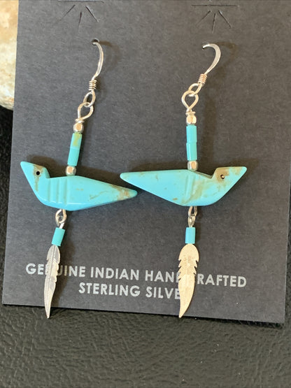 Native American Navajo Blue Turquoise Fetish Sterling Silver Earrings 1.5" 13055