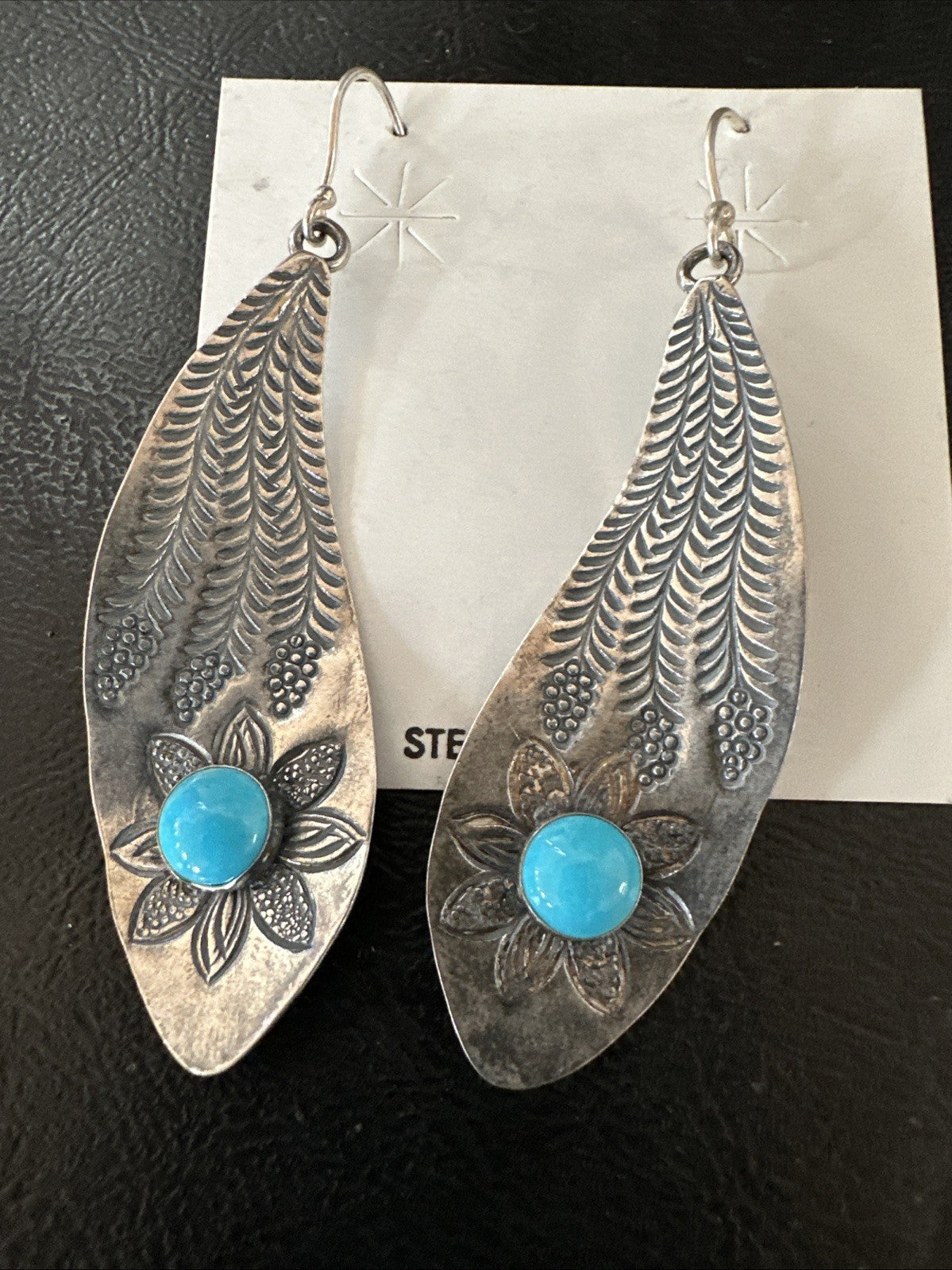 Womens Stamped Blue Turquoise Dangle Earrings Feather Sterling Silver 19785