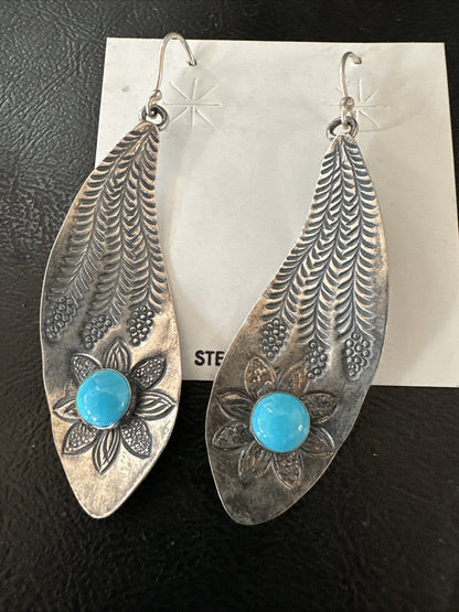 Womens Stamped Blue Turquoise Dangle Earrings Feather Sterling Silver 19785